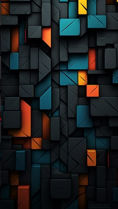 an abstract wallpaper with many different colors and shapes, including oranges, yellows, and blue