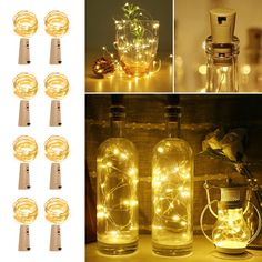 there are many bottles with lights in them