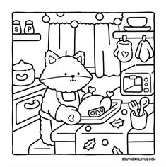 a cat cooking in the kitchen coloring page