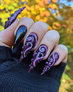 Ursula Nail Designs, Pirate Acrylic Nails, Ursula Inspired Nails, Octopus Nails Design, Pirate Themed Nails, Kraken Nails, Ursula Nail Art, Tentacle Nails, Witchy Nails Stiletto