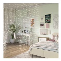 a bedroom decorated in white with string lights