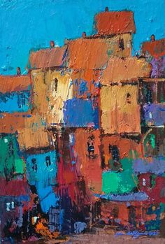 an oil painting of colorful houses on a blue background