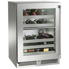 a stainless steel wine cooler filled with lots of bottles