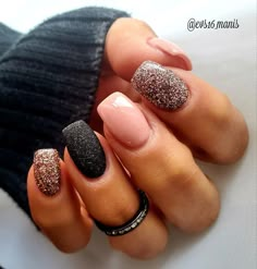 This Pin was discovered by Melynn Rhea. Discover (and save!) your own Pins on Pinterest Elegant Nails Dark Colours, Pretty Neutral Acrylic Nails, October Sns Nails, Matte Glitter Gel Nails, Glitter Fall Nails Acrylic, Anc Nails Ideas Fall, Dip Powder Nails Black, Summer Wedding Nails Guest, Dipped Powder Nails