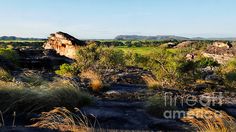 the landscape is full of rocks, grass and other things in the distance with mountains in the background