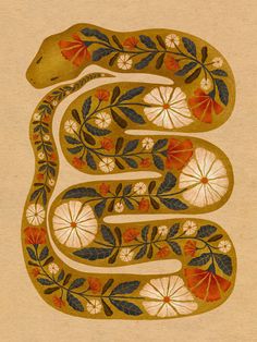 a snake with flowers and leaves on it's tail, is shown in gold foil