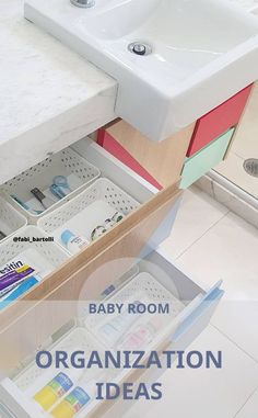 an open drawer in a bathroom with baby room organization ideas on the bottom and inside