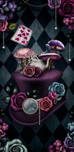 a painting of a purple hat with roses on it