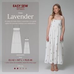 a woman in a white dress standing next to an easy sew pattern