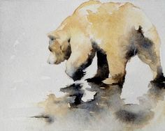 a watercolor painting of a polar bear standing in the snow and drinking from a puddle