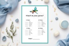 what's in your purse? baby shower game with blue satin flowers and leaves