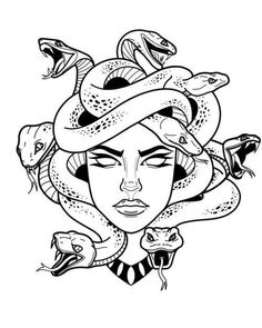 a drawing of a woman with snakes on her head, and two snakes around her neck