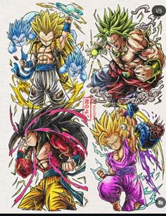 dragon ball characters drawn in colored pencils on white paper with the words dragon ball written below them