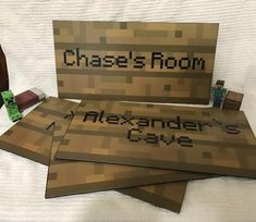 four minecraft cards with the words, chase's room and alexman's cave on them