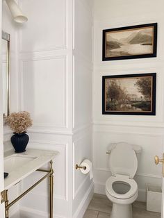 a white toilet sitting in a bathroom next to a sink and painting on the wall