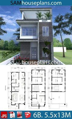 two story house plan with three floors and an attached garage