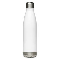 thermos bottle is white and silver with a metal cap on it's side