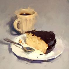 a piece of cake on a plate with a cup of coffee