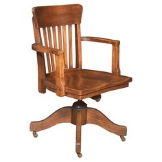 a wooden desk chair sitting on top of a white background