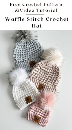 three knitted hats with pom poms on top and the words free crochet