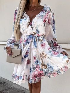 Holiday Dresses Women, Floral Ruffle Dress, Puff Long Sleeves, Ruffle Long Sleeve, Neck Bodycon Dress, Long Sleeve Print Dress, Easter Dress, Feminine Dress, Short Mini Dress