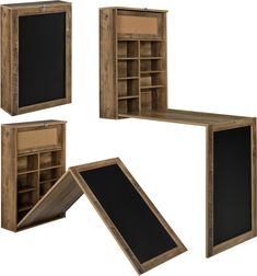 three wooden shelves with chalkboards and an open bookcase on the bottom one is empty