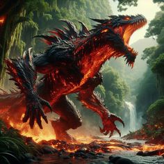 a fire breathing dragon in the middle of a forest