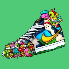 a pair of sneakers with colorful artwork on the top and bottom, against a yellow background