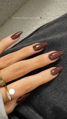 Fall Nails Brown Design, Short Acrylic Brown Nails, Nail Inspo Basic Color, Brown French Manicure Almond, Dark Colors Nails Design, Brown Nails Inspo Aesthetic, Fall Nails 2024 Brown, Dark Nail Colors Fall, Dark Brown Nail Ideas