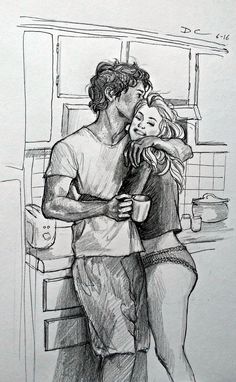 a drawing of a man and woman kissing in front of a kitchen counter with the words,