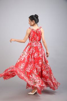 Chiffon Red Flower Long Party Dress Evening Wedding Lightweight Sundress Summer Holiday Beach Dress Bridesmaid Dress Maxi Skirt Detail Info: ❤ Color: Red flower as picture More color choice link: https://www.etsy.com/listing/213656440/chiffon-dress-color-card?ref=shop_home_feat_1 you just note the color you want with order, we will make according to your note. ❤ Material: Chiffon ❤ The dress doesn't limit the chest size and waist size, arm hole 45cm (if your upper arm circle circumference is mor Red A-line Chiffon Dress, Red Maxi Length Chiffon Dress, Sleeveless Floral Print Georgette Maxi Dress, Sleeveless Georgette Maxi Dress With Floral Print, Party Floral Print Maxi Dress In Georgette, Party Floral Print Georgette Maxi Dress, Flowy Georgette Summer Dress, Flowy Georgette Dresses For Summer, Floor-length Flowy Floral Dress For Garden Party