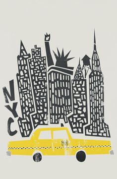 a yellow taxi cab in front of a cityscape with the word nyc on it