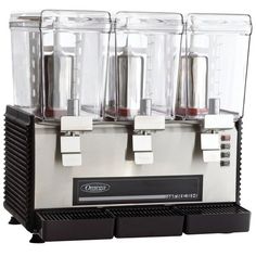 three blenders sitting on top of each other in front of a white background,