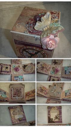 several pictures of an old fashioned box with flowers on the top and bottom, all in different stages of being altered