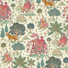 an elephant, tiger and other animals are depicted in this colorful wallpaper pattern on white paper