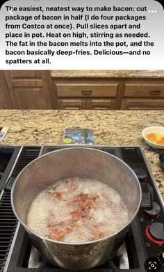 a pan filled with food sitting on top of a stove next to a burner