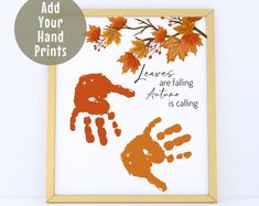 an orange hand print with the words, jesus are falling autumn is calling and leaves