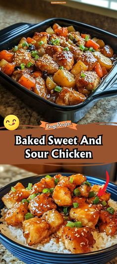 baked sweet and sour chicken is shown in two different pans with the words baked sweet and sour chicken on top