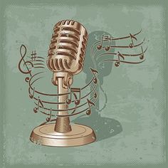 an old microphone with musical notes on it and a grungy background for the text