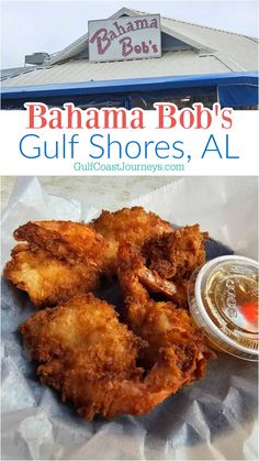 some fried food is sitting on the wrapper in front of a building with a sign that says, banana bob's gulf shores al