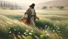 a painting of jesus walking through a field