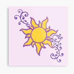 a drawing of a yellow sun with swirls and curls on pink background metal print