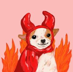 a drawing of a dog wearing a red bunny costume with flames in the back ground