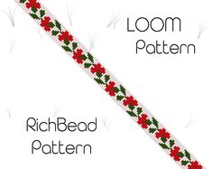 a cross stitch bracelet with red flowers on it and the words loom pattern written below