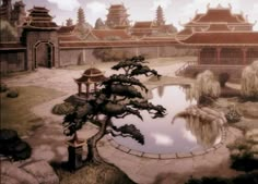 a painting of a chinese garden with pond and pagodas