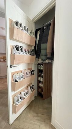 Introducing our new design, top quality hardwood, wall mounted shoe racks. Perfect space saving storage for all of your shoes. This is the new and improved version of our wall mounted shoe racks. They are still lightweight and easily fitted but they have the added advantage of a fully enclosed back so that the soles of the shoes don't mark the wall behind, they are made from top quality hardwood and can be left as they are or can easily be painte Shoe And Cleaning Closet, Small Room Shoe Storage, Short Closet Ideas Small Spaces, Shoe Rack Between Studs, Front Door Shoe And Bag Storage, Under The Stair Shoe Storage, Downstairs Cupboard Ideas, Narrow Entryway Closet Ideas, Diy Angled Shoe Rack