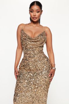 Available In Gold. Sequin Midi Dress Adjustable Spaghetti Straps Cowl Neck Lined Hidden Back Zipper Stretch Self 95% Polyester 5% Spandex Lining 100% Polyester Imported | You Wish Sequin Midi Dress in Gold size Small by Fashion Nova Stuff For Men, Gold Midi Dress, Date Night Fashion, Golden Dress, Gold Sequin Dress, Sequin Midi Dress, Sequin Bodycon Dress, Spring Hairstyles, Spring Outfits Women