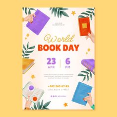 the world book day poster is shown with hands holding books and reading on them, surrounded by leaves