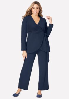 Your desk-to-dinner wardrobe just got even more versatile. Sophisticated and oh-so-chic, this pantsuit features a faux-wrap jacket with a stylish, feminine London Women, Dress Pant Suit, Look Formal, Wrap Jacket, Womens Scrubs, Ladies Of London, Swimsuits For All, Suit Shop, Dress Pant