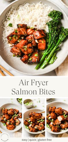 an air fryer salmon bites recipe with rice and broccoli on the side